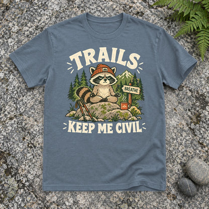 Trails Keep Me Civil Raccoon Graphic Tee on Heather Indigo Everyday Soft Tee