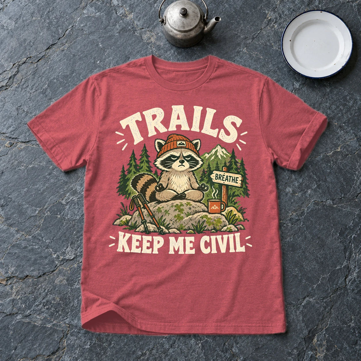 Trails Keep Me Civil Raccoon Graphic Tee on Heather Red Everyday Soft Tee