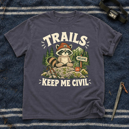 Trails Keep Me Civil Raccoon Graphic Tee on Navy Premium Tee