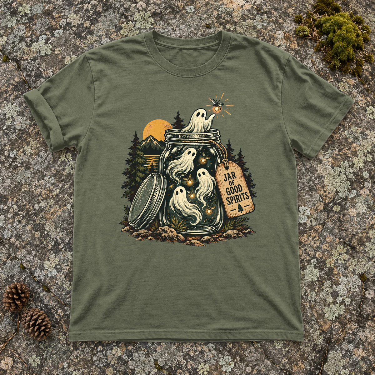 Jar of Good Spirits Graphic Tee on Moss Premium Tee