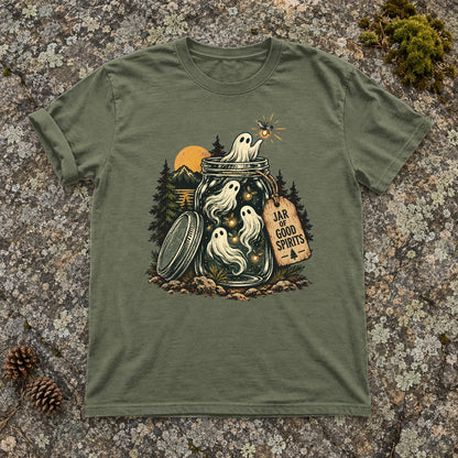 Jar of Good Spirits Graphic Tee on Moss Premium Tee