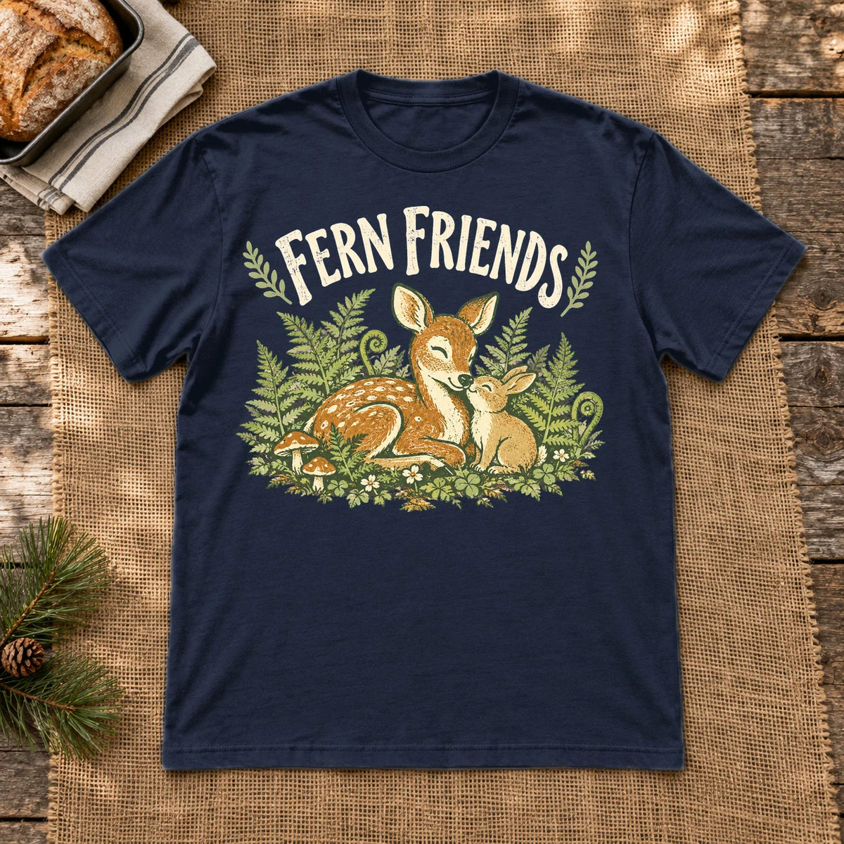 Fern Friends Vintage Woodland Graphic Tee on Navy Everyday Soft Tee
