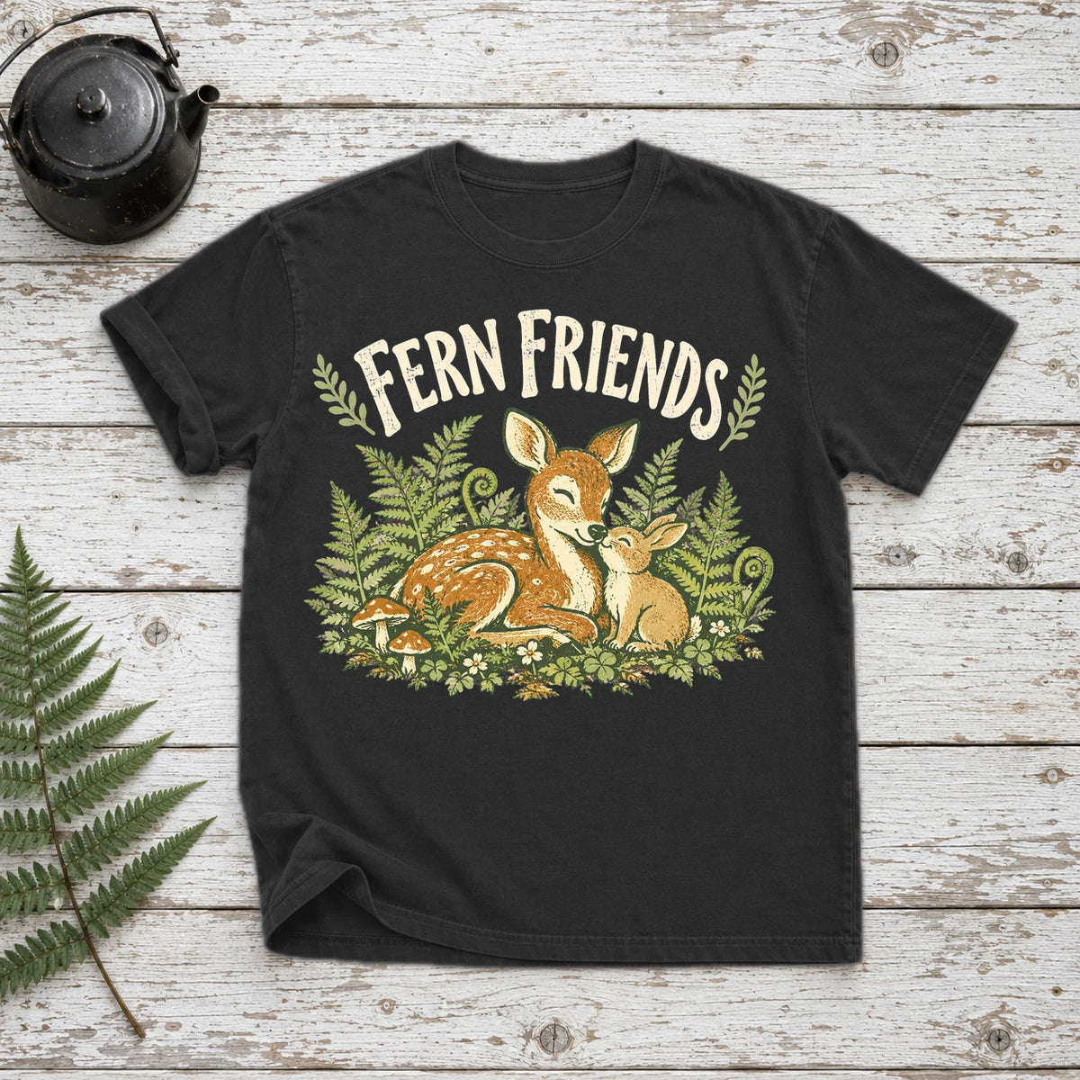 Fern Friends Vintage Woodland Graphic Tee on Black Premium Tee