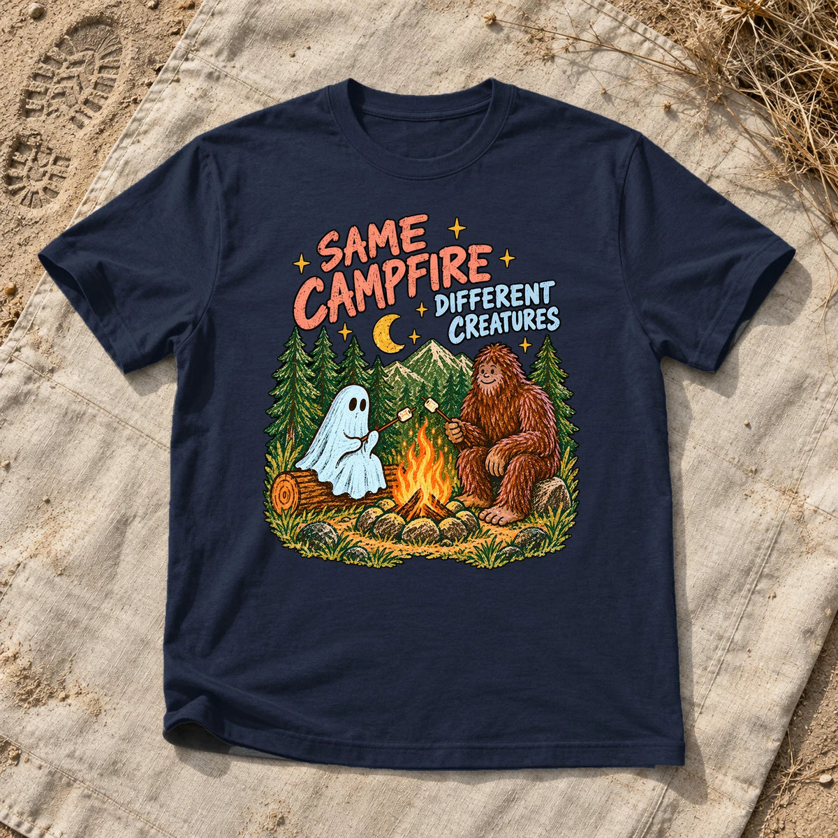 Same Campfire Different Creatures Graphic Tee on Navy Everyday Soft Tee