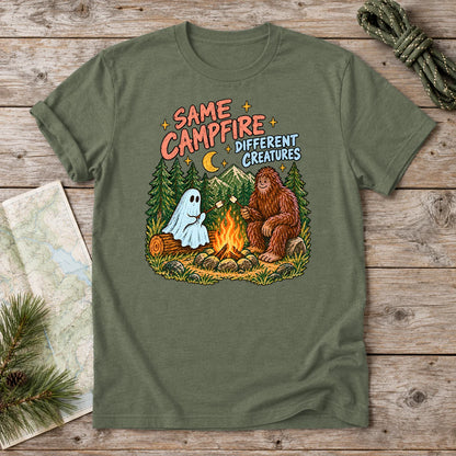 Same Campfire Different Creatures Graphic Tee on Military Green Everyday Soft Tee