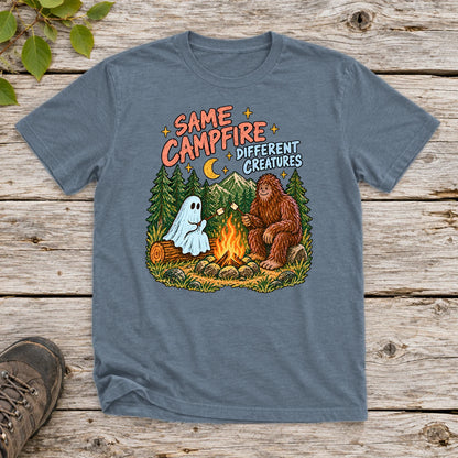 Same Campfire Different Creatures Graphic Tee on Heather Indigo Everyday Soft Tee