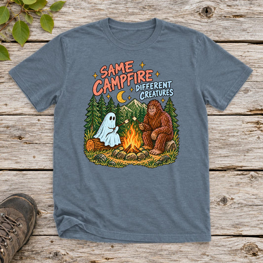 Same Campfire Different Creatures Graphic Tee on Heather Indigo Everyday Soft Tee