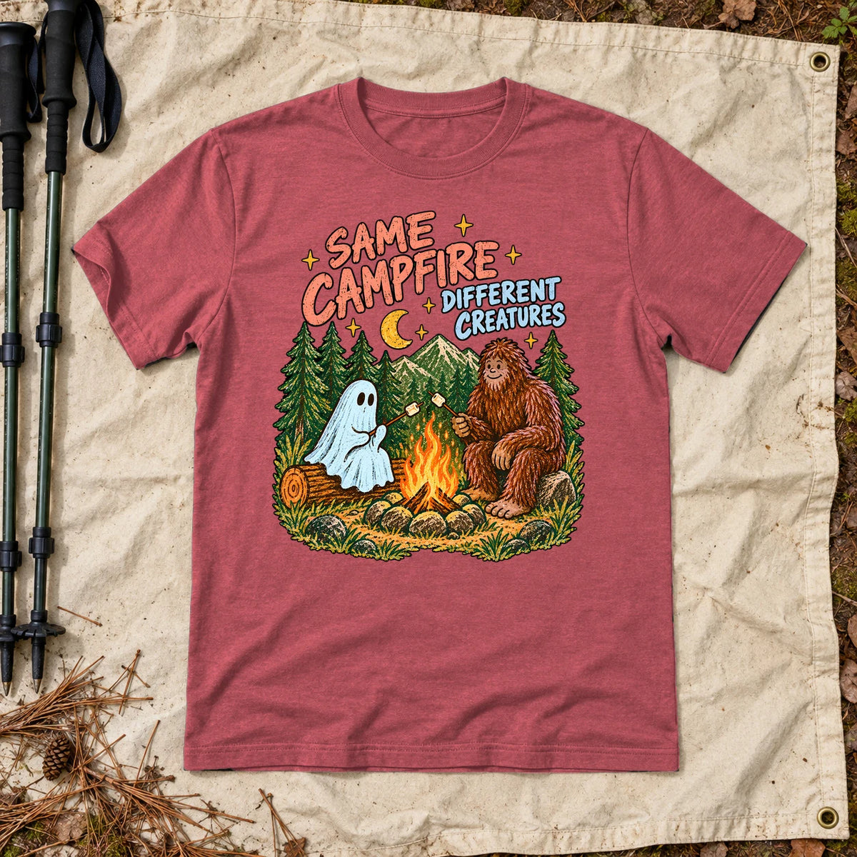 Same Campfire Different Creatures Graphic Tee on Heather Red Everyday Soft Tee