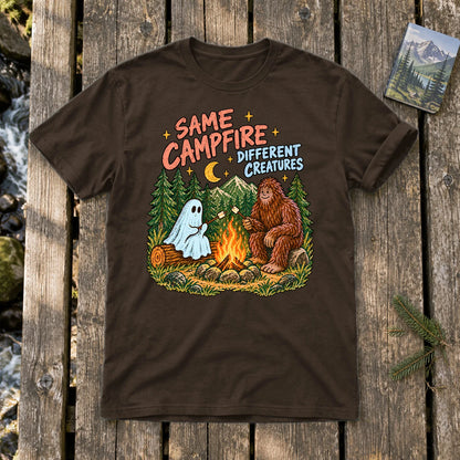 Same Campfire Different Creatures Graphic Tee on Dark Chocolate Everyday Soft Tee