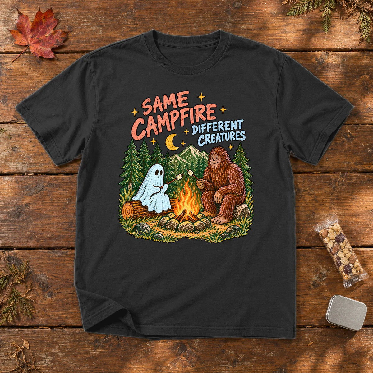 Same Campfire Different Creatures Graphic Tee on Black Premium Tee