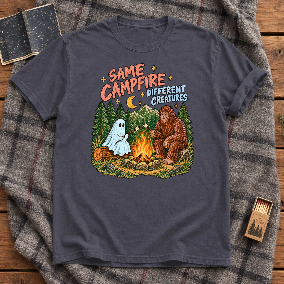 Same Campfire Different Creatures Graphic Tee on Navy Premium Tee