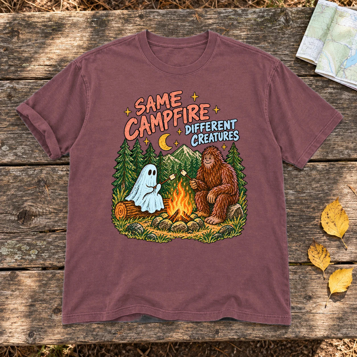 Same Campfire Different Creatures Graphic Tee on Brick Premium Tee