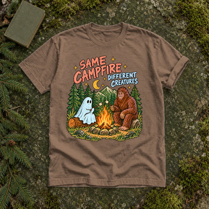 Same Campfire Different Creatures Graphic Tee on Espresso Premium Tee