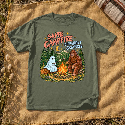 Same Campfire Different Creatures Graphic Tee on Moss Premium Tee