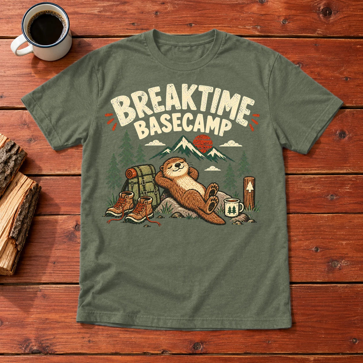 Breaktime Basecamp Otter Graphic Tee on Military Green Everyday Soft Tee