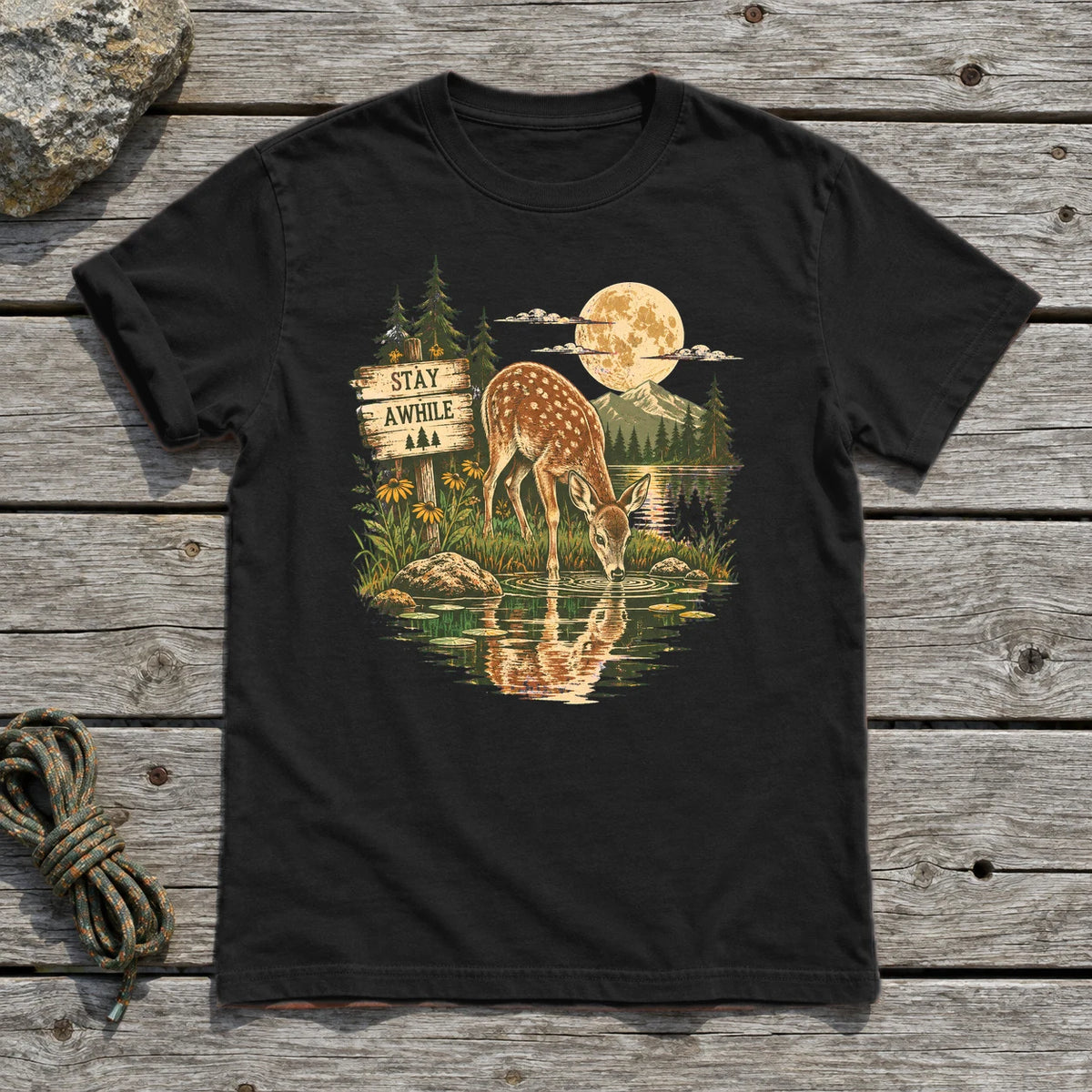 Stay Awhile Wilderness Deer Graphic Tee on Black Everyday Soft Tee