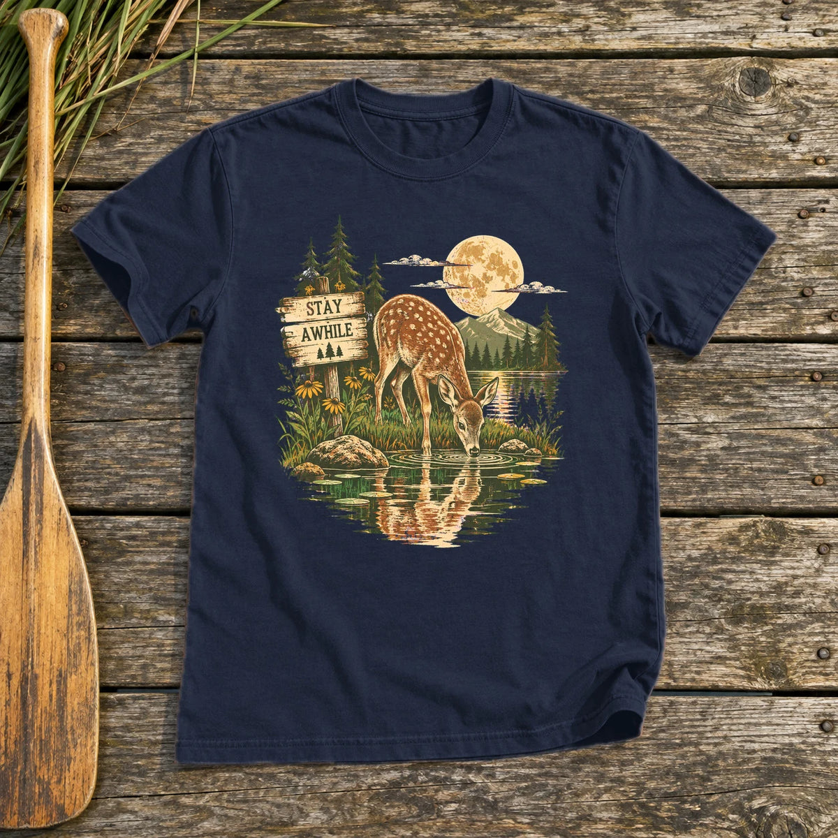 Stay Awhile Wilderness Deer Graphic Tee on Navy Everyday Soft Tee