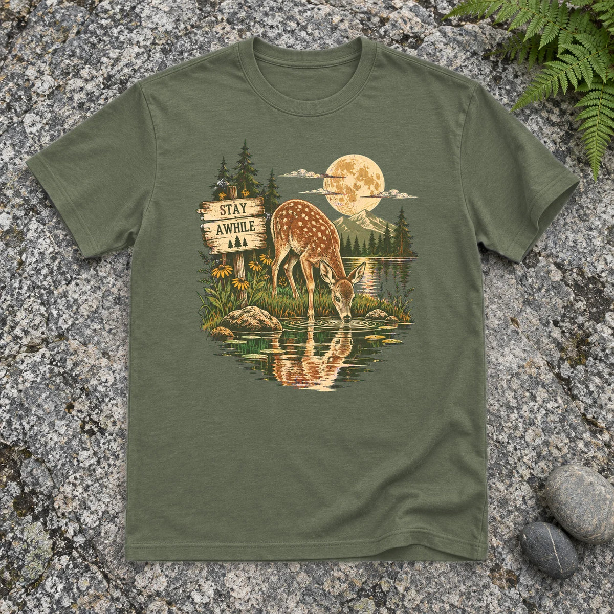 Stay Awhile Wilderness Deer Graphic Tee on Military Green Everyday Soft Tee