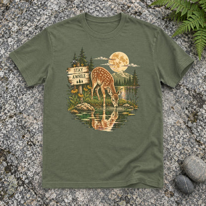 Stay Awhile Wilderness Deer Graphic Tee on Military Green Everyday Soft Tee