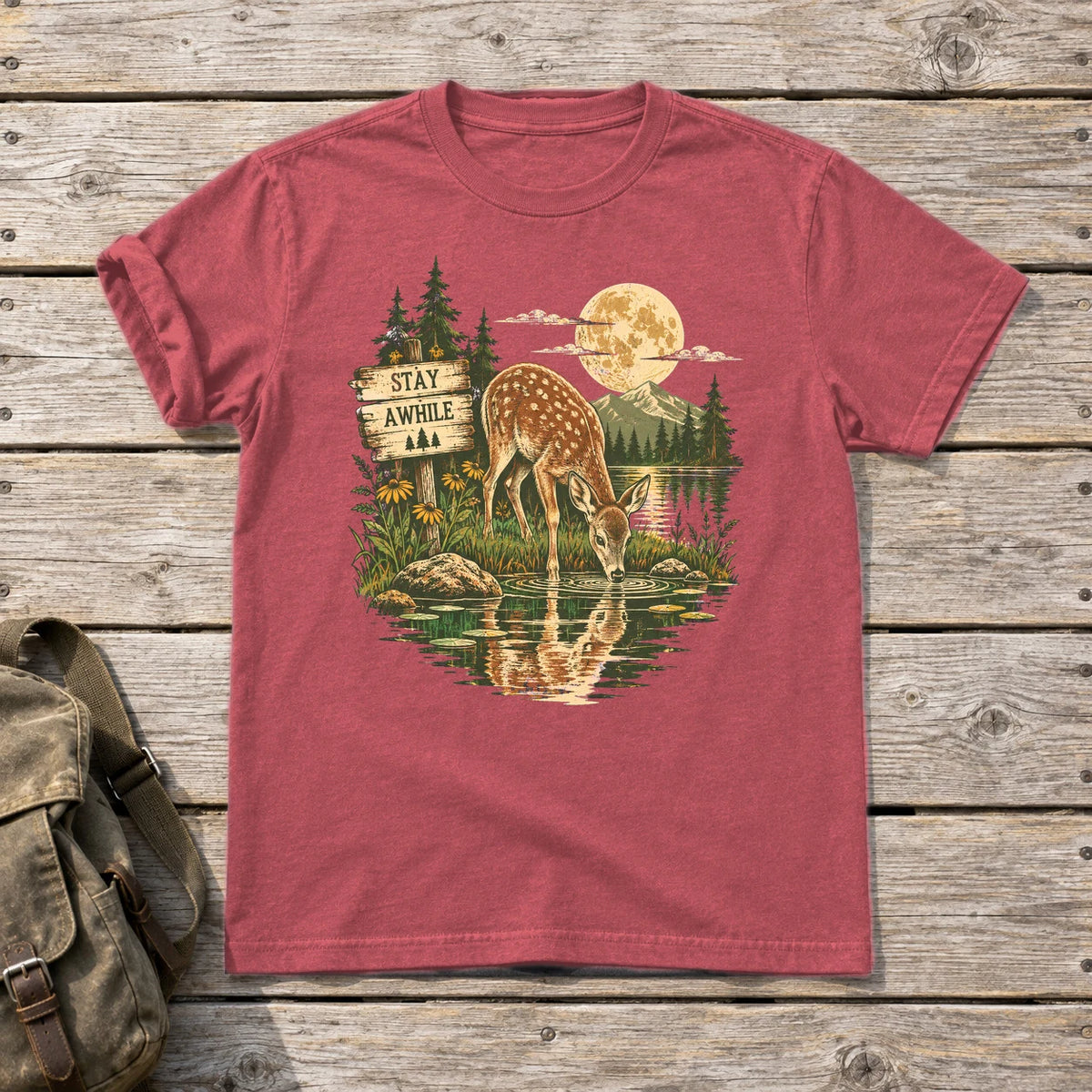 Stay Awhile Wilderness Deer Graphic Tee on Heather Red Everyday Soft Tee