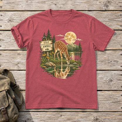 Stay Awhile Wilderness Deer Graphic Tee on Heather Red Everyday Soft Tee