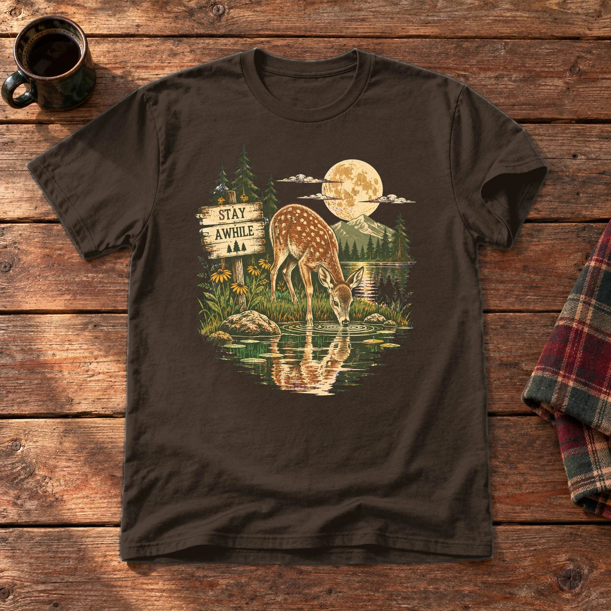 Stay Awhile Wilderness Deer Graphic Tee on Dark Chocolate Everyday Soft Tee