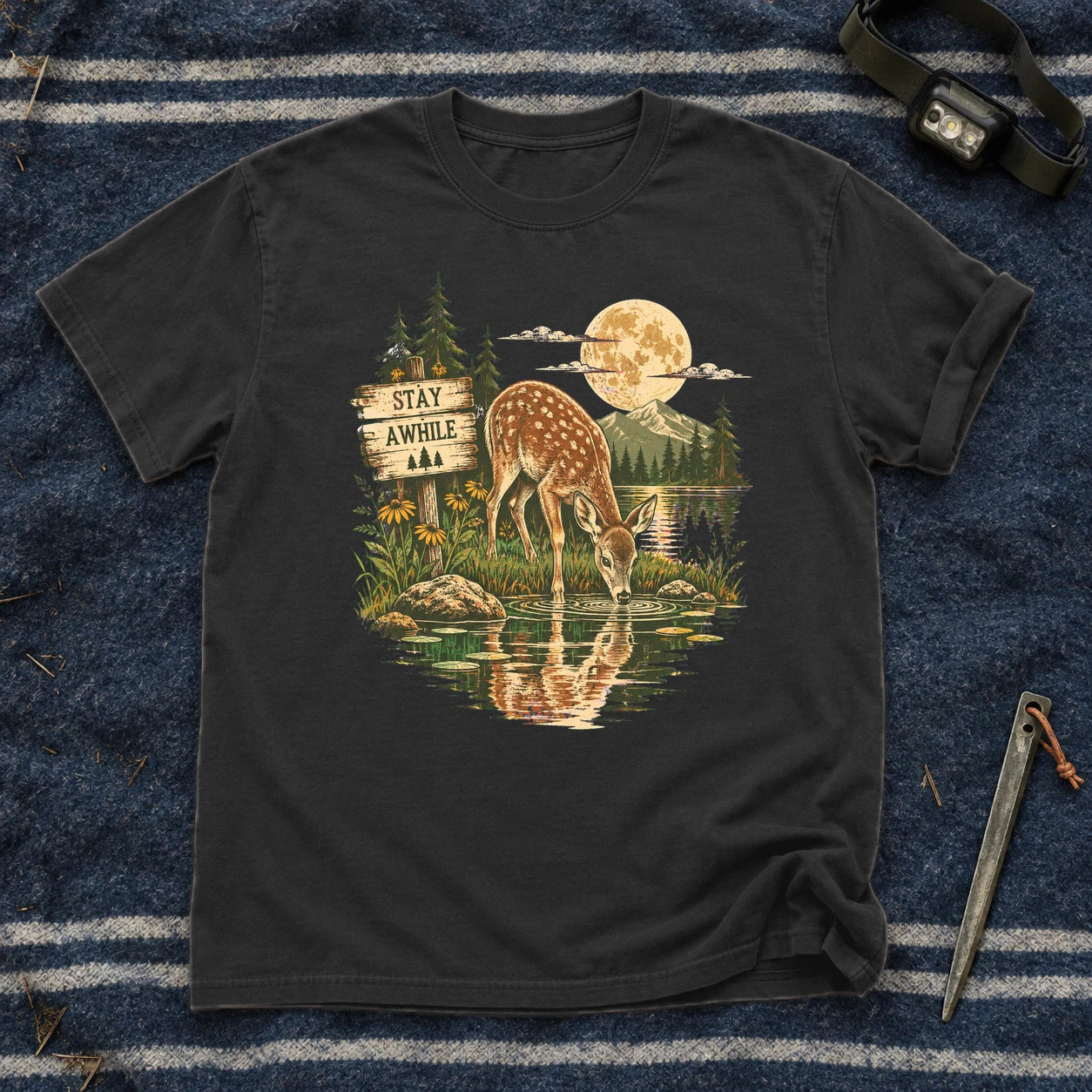 Stay Awhile Wilderness Deer Graphic Tee on Black Premium Tee