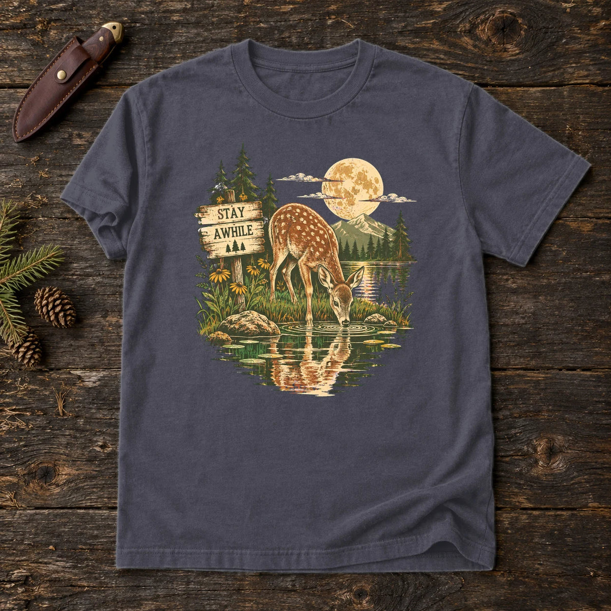 Stay Awhile Wilderness Deer Graphic Tee on Navy Premium Tee