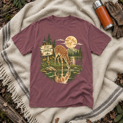 Stay Awhile Wilderness Deer Graphic Tee on Brick Premium Tee