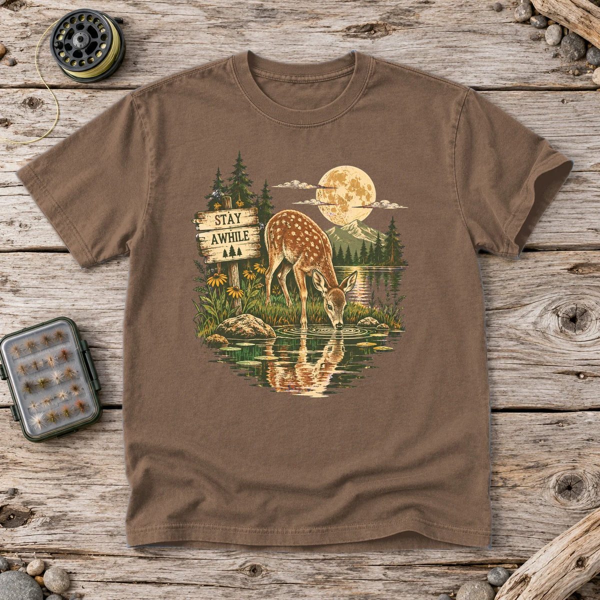 Stay Awhile Wilderness Deer Graphic Tee on Espresso Premium Tee