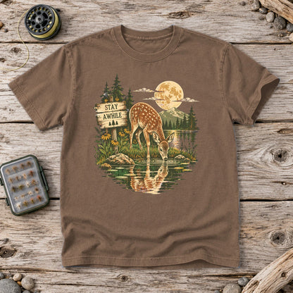 Stay Awhile Wilderness Deer Graphic Tee on Espresso Premium Tee