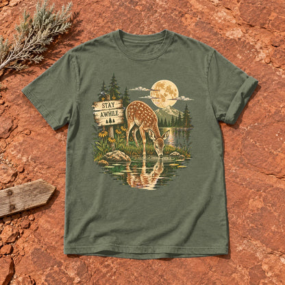 Stay Awhile Wilderness Deer Graphic Tee on Moss Premium Tee