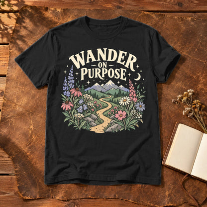 Wander On Purpose Graphic Tee on Black Everyday Soft Tee