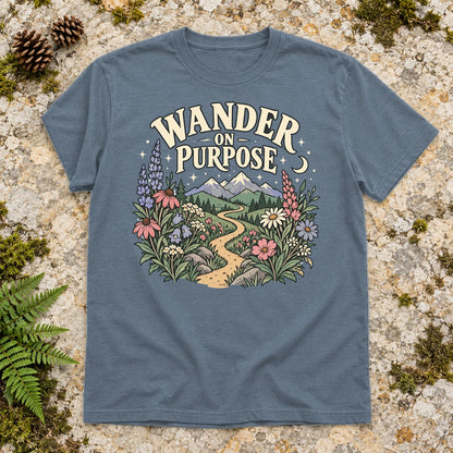 Wander On Purpose Graphic Tee on Heather Indigo Everyday Soft Tee