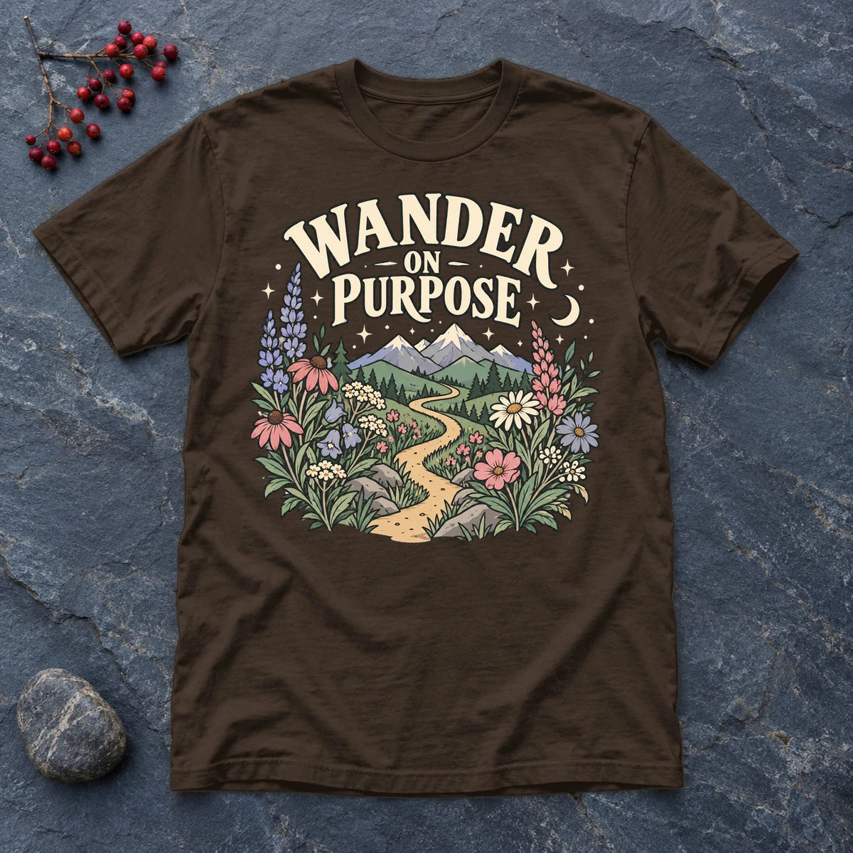 Wander On Purpose Graphic Tee on Dark Chocolate Everyday Soft Tee