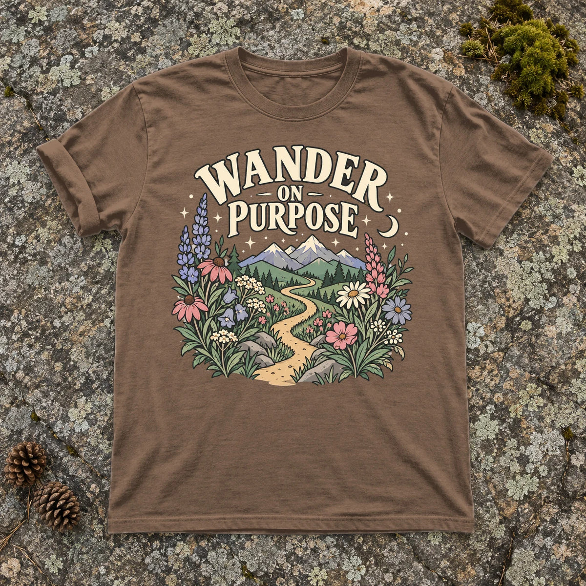 Wander On Purpose Graphic Tee on Espresso Premium Tee