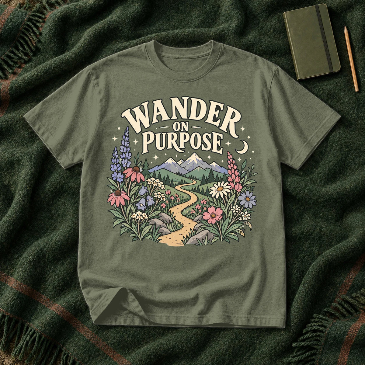 Wander On Purpose Graphic Tee on Moss Premium Tee