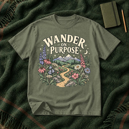 Wander On Purpose Graphic Tee on Moss Premium Tee