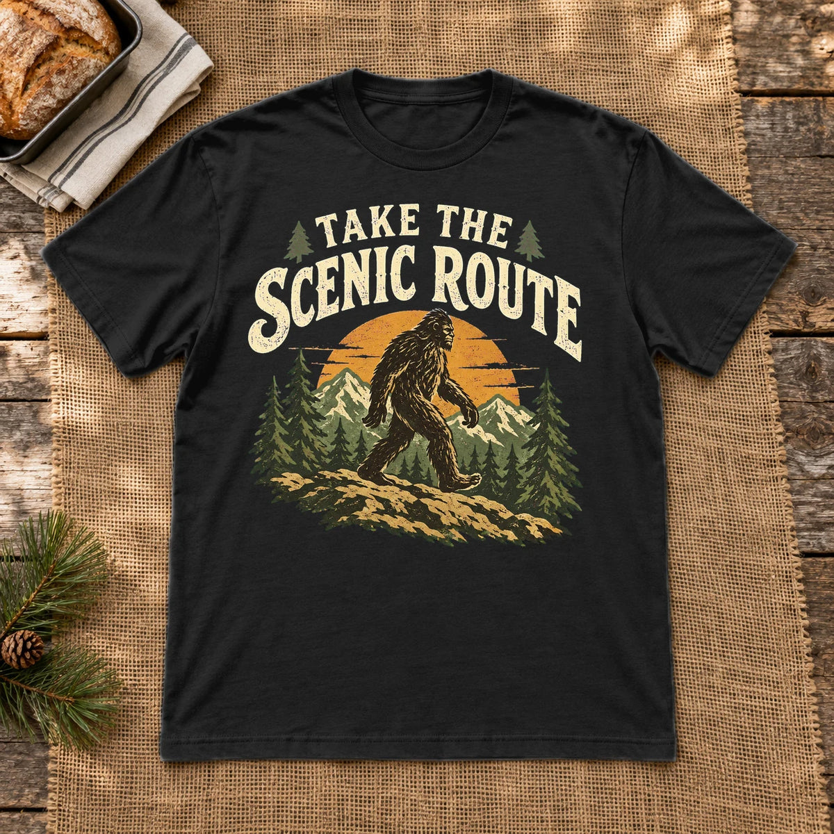 Take The Scenic Route Bigfoot Graphic Tee on Black Everyday Soft Tee