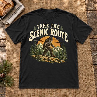 Take The Scenic Route Bigfoot Graphic Tee on Black Everyday Soft Tee