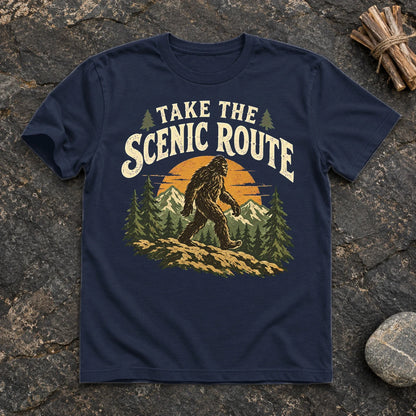 Take The Scenic Route Bigfoot Graphic Tee on Navy Everyday Soft Tee
