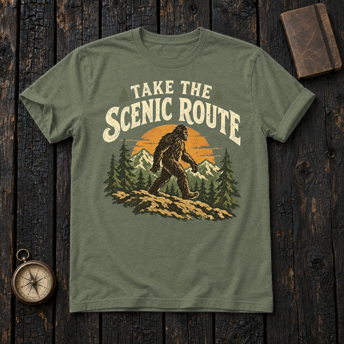 Take The Scenic Route Bigfoot Graphic Tee on Military Green Everyday Soft Tee