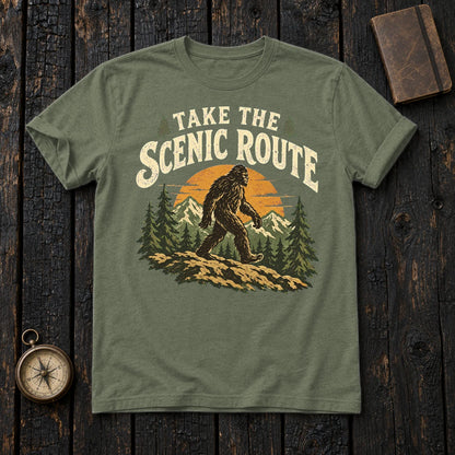 Take The Scenic Route Bigfoot Graphic Tee on Military Green Everyday Soft Tee