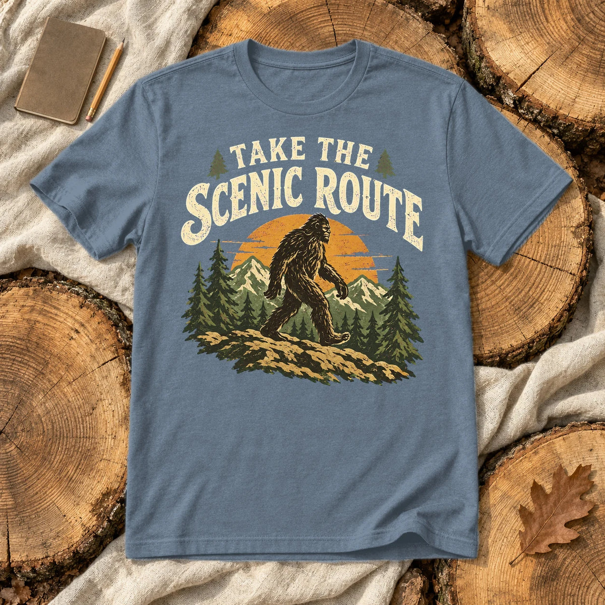 Take The Scenic Route Bigfoot Graphic Tee on Heather Indigo Everyday Soft Tee