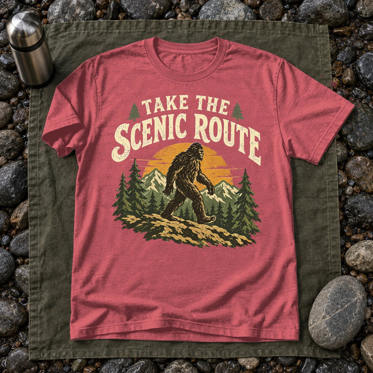 Take The Scenic Route Bigfoot Graphic Tee on Heather Red Everyday Soft Tee