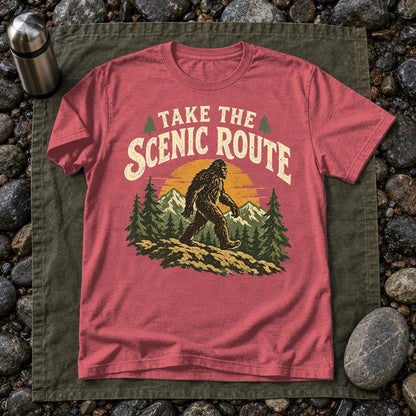 Take The Scenic Route Bigfoot Graphic Tee on Heather Red Everyday Soft Tee