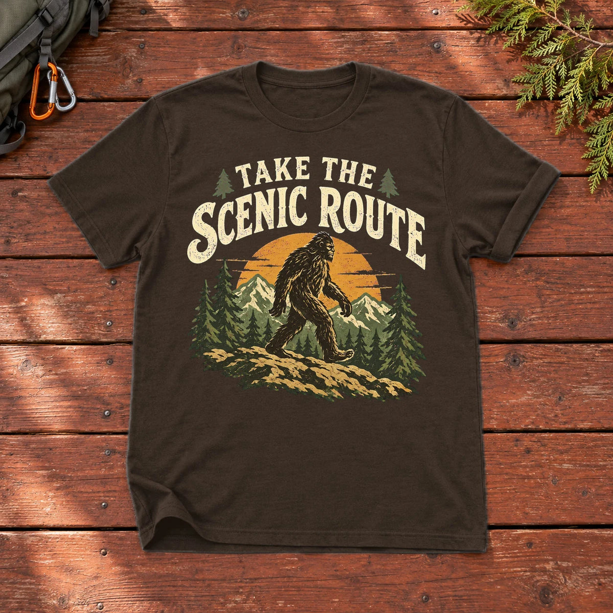Take The Scenic Route Bigfoot Graphic Tee on Dark Chocolate Everyday Soft Tee