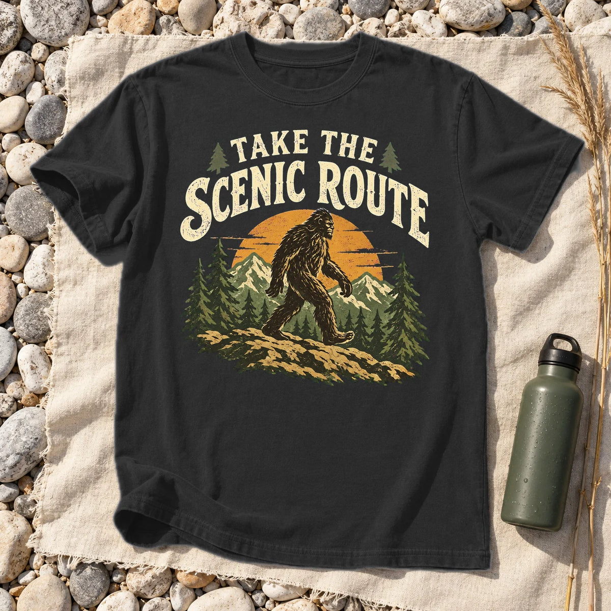 Take The Scenic Route Bigfoot Graphic Tee on Black Premium Tee