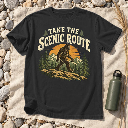 Take The Scenic Route Bigfoot Graphic Tee on Black Premium Tee