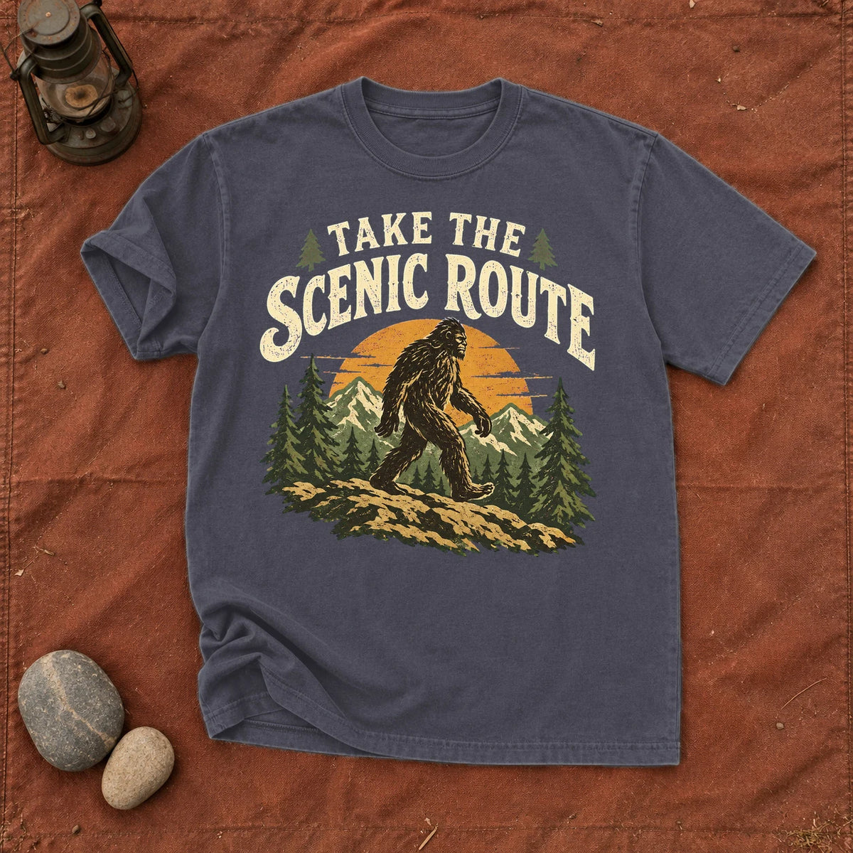 Take The Scenic Route Bigfoot Graphic Tee on Navy Premium Tee
